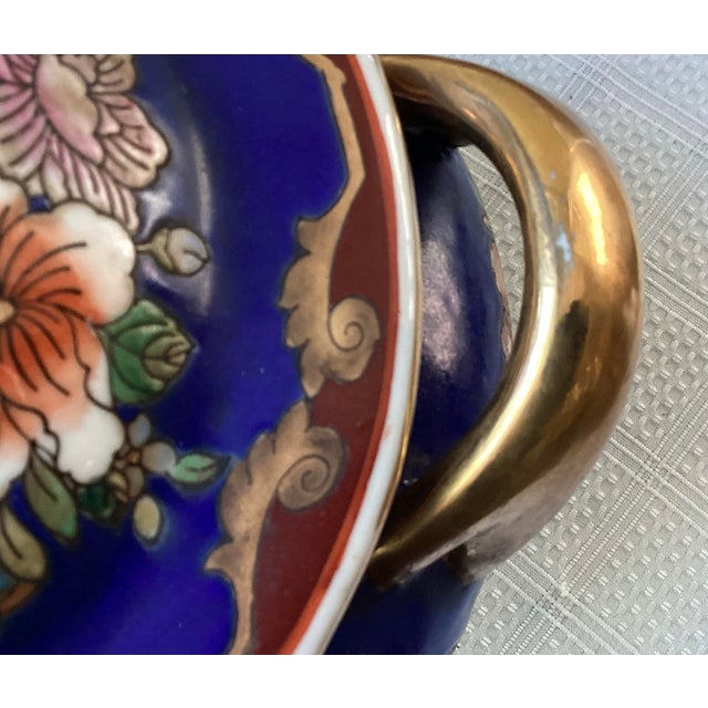 Vintage Chinese Porcelain Tureen, Hand Painted, Royal Blue & Gold Floral For Sale - Image 9 of 12