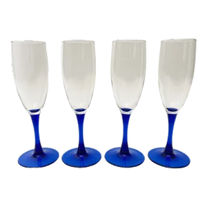 Vintage Handblown Blue Stemmed Champaign Flute Glasses- Set of 4