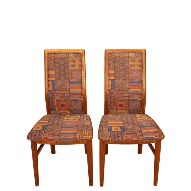 Mid-Century Modern Pair Vintage Danish Teak Side Accent Chairs – Schou Andersen Denmark – Funky 80s Upholstery For Sale - Image 3 of 12