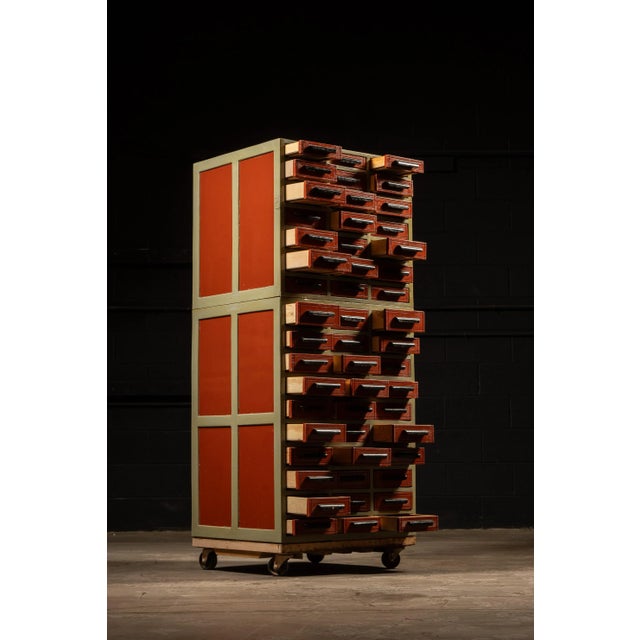 Wood Vintage 102-Drawer Industrial Wheeled Parts Cabinet For Sale - Image 7 of 12