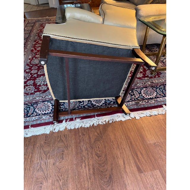 VTG Classic Leather Inc Mahogany Chippendale Wingback Chair Ottoman Beige Set For Sale - Image 11 of 15