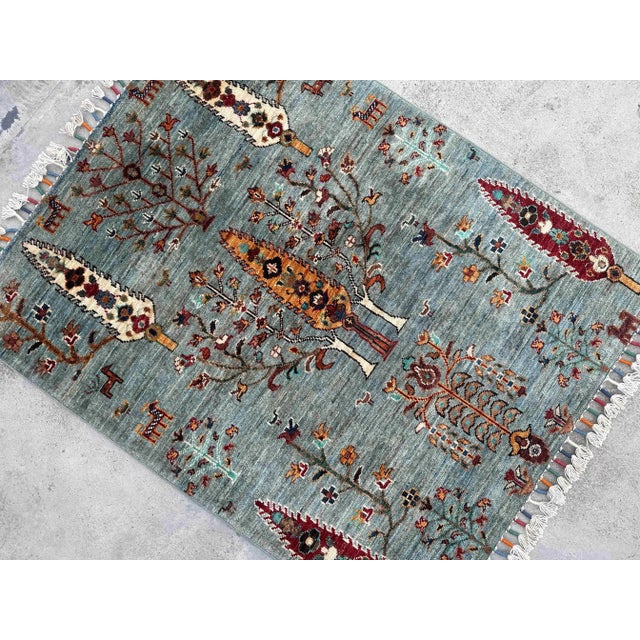 Small Persian Tree of Life Rug – Hand-Knotted Wool, 2.9x3.6 Ft, Aqua & Jewel Tones For Sale - Image 4 of 18