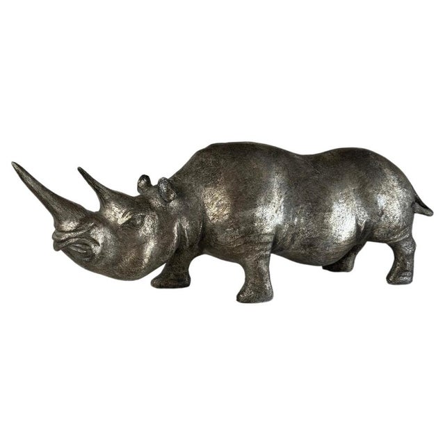 Sculpture Materials Rhino Sculpture in Platinum Toned Metallic Finish, 1980s For Sale - Image 7 of 7
