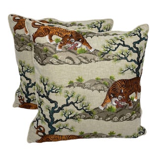 Embroidered Tiger Pillows - Pair For Sale
