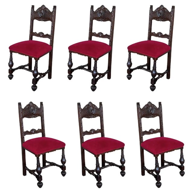 19th Century Set of Six French Carved Walnut Turned Wood Chairs With Velvet Seat For Sale - Image 13 of 13