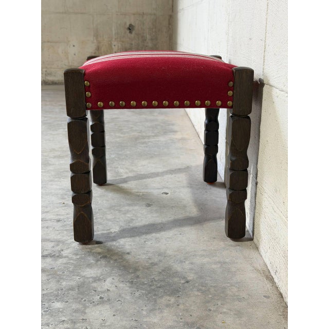 Dark Oak Ottoman Footstool With Red Striped Fabric Upholstery and Nailhead Trim Vintage For Sale In Los Angeles - Image 6 of 10