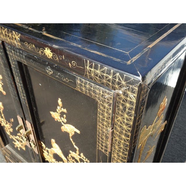 Vintage Oriental Chinese Chinoiserie Black Lacquer Cabinet W Drawers 2of2 For Sale - Image 14 of 18