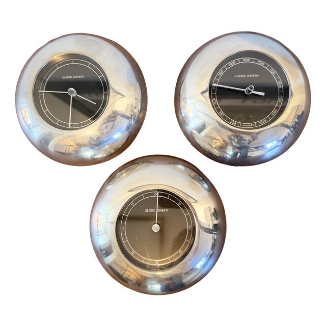 Wall Clock with Barometer and Thermometer by Andreas Mikkelsen for Georg Jensen, 1980s, Set of 3 For Sale