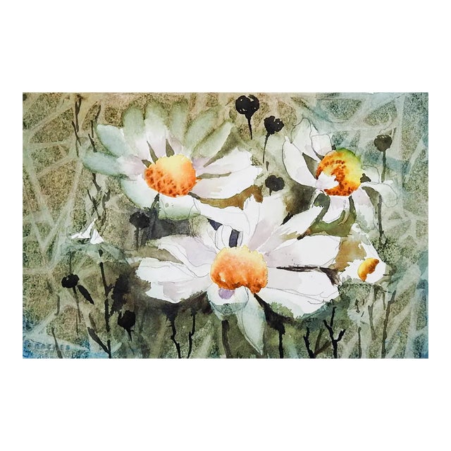 Late 20th Century Impressionist Floral Daisy Watercolor Painting For Sale