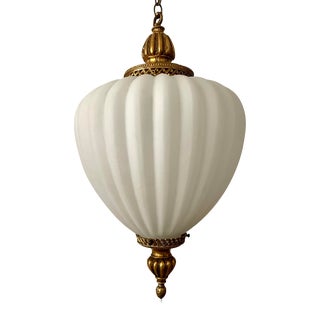 Hollywood Regency Teardrop Opaque Glass and Gold Pendant Light For Sale