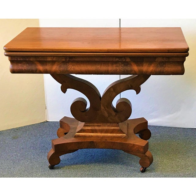 Antique Empire Era Burl Mahogany Swivel Top Game Table With Storage