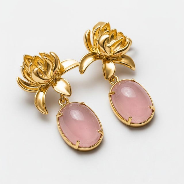 Lotus Rose Quartz Drop Earrings. Natural Rose Quartz Lotus Flower Drop Earrings. Inspired by the graceful bloom of a lotus...