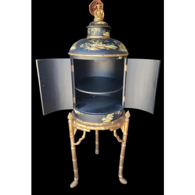 Chelsea House Inc 1980s Monumental Chinoiserie Hollywood Regency Handpainted Tea Caddy Shaped Faux Bamboo Dry Bar Storage Cabinets- A Pair For Sale - Image 4 of 16