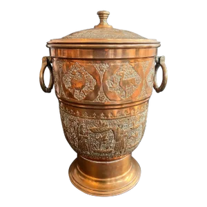 Vintage Copper Chased Heron Deers & Figures Ice Bucket With Lid