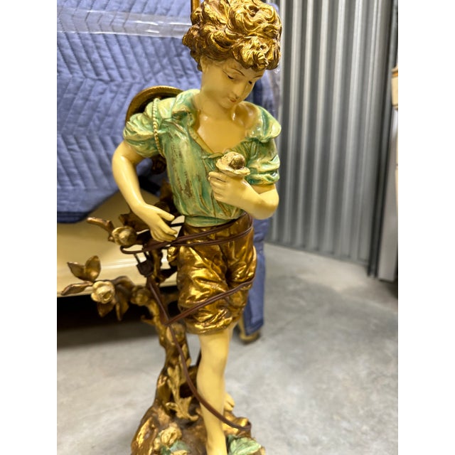 Vintage Large Mid 20th Century L & F Moreau Hand Painted Spelter Boy Table Lamp For Sale - Image 9 of 12