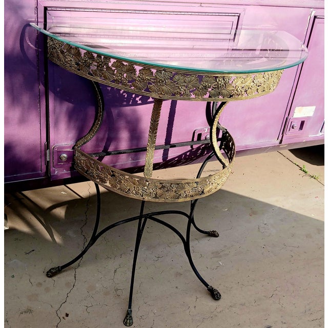 Maison Jansen Style French Neoclassical Brass & Wrought Iron Console With Cloven Hoof Feet For Sale - Image 4 of 13
