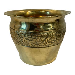 Vintage Brass Planter With Embossed Vine and Berry Design For Sale