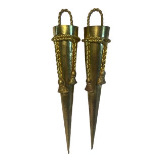 Late 20th Century Pair of Hollywood Regency Style Indian Brass Posey Wall Vases With Tassel Detail For Sale