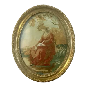 1800 English George III Silk Needlework Embroidery of a Lady with a Red dress in Brass Frame