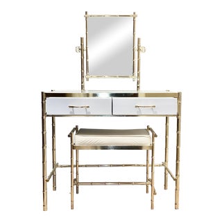 Hollywood Regency Brass Faux Bamboo Vanity With Mirror and Bench For Sale