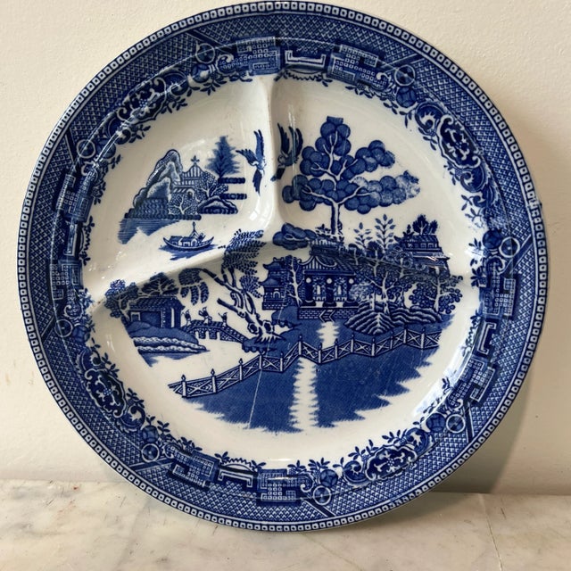 Vintage Willow Vitrified Partitioned Dinner Plates -Set of 2 by Globe Pottery Co. For Sale In New York - Image 6 of 8
