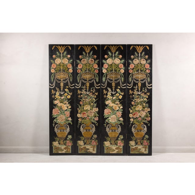 Mid 20th Century Black Lacquer Chinese Four-Panel Screen with Polychrome Floral Décor For Sale - Image 5 of 12