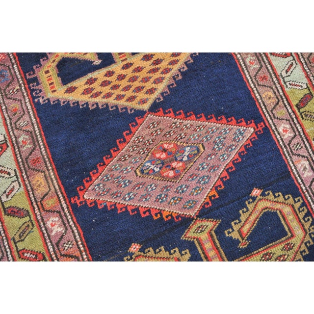 Name: Artistic Geometric Tribal Designs with Indigo, Pastel Teals, Plums & Pistachio Greens Size: 3.9 x 14.2 Age: Vintage...