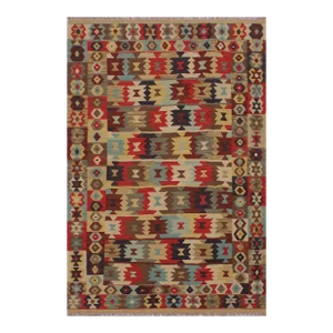 1990s Retro Kilim Beige Blue Wool Rug - 5'0" X 6'11"