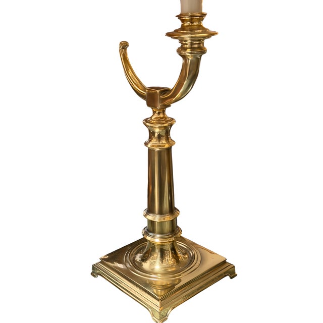 Regency Style Cambridge Brass Table Lamp. This item is a brass table lamp featuring a distinctive asymmetrical hook stem...
