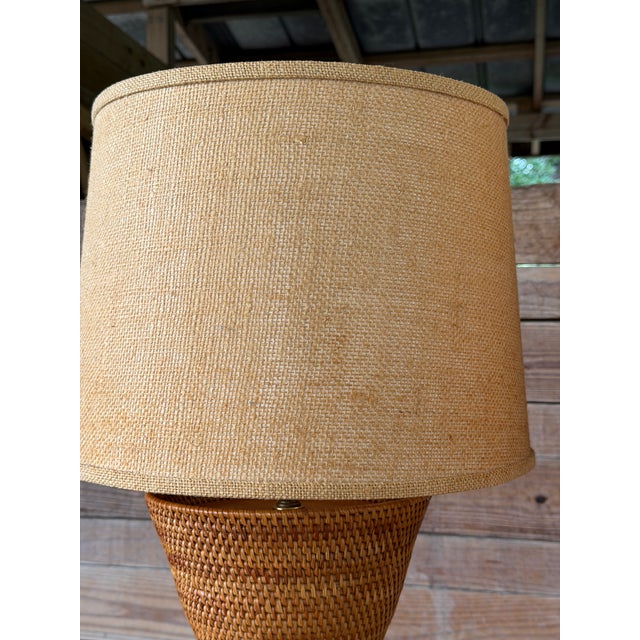 Wood Pair of Vintage Sculptural Woven Rattan Table Lamps With Original Shades For Sale - Image 7 of 12