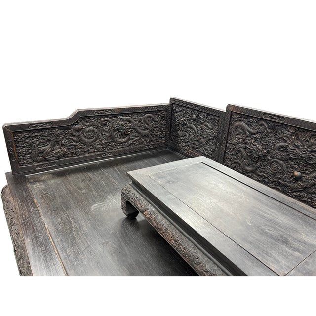 Oriental Dragon Relief Motif Solid Dense Tan Wood Luohan Daybed For Sale In San Francisco - Image 6 of 16