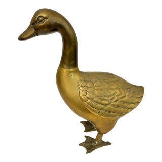 Vintage Brass Standing Goose Bird Sculpture Made in Korea Decor 18" Tall MCM Decor For Sale