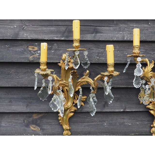 Vintage Louis XV Romantic French Bronze Wall Sconces Crystal Lighting, 1950s, Set of 2 For Sale - Image 4 of 10