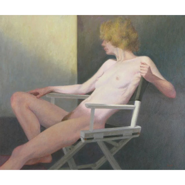 Nude woman sitting in a white directors chair; executed in oil on canvas by Robert Kinsell. Dove gray, blue and lavender...