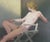 Nude woman sitting in a white directors chair; executed in oil on canvas by Robert Kinsell. Dove gray, blue and lavender...