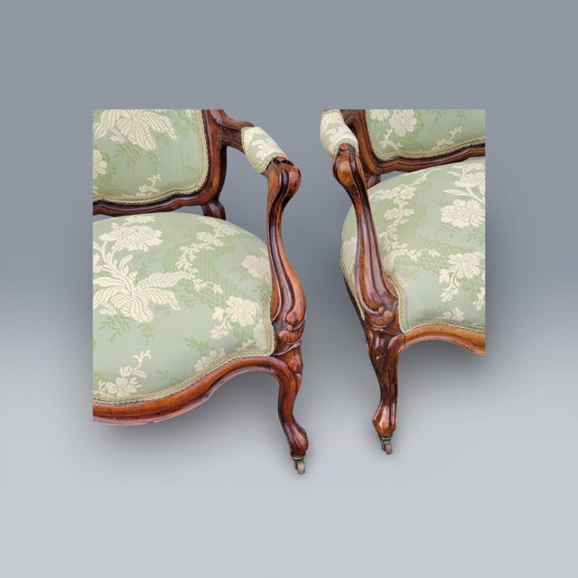 19th Century American Carved Rosewood Living Room Arm Chairs Newly Upholstered For Sale - Image 13 of 18