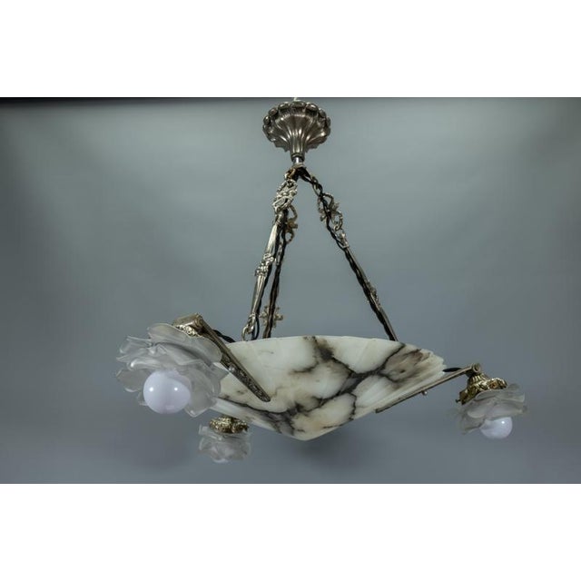 1920s Art Deco French Alabaster and Frosted Glass Four-Light Chandelier, 1920s For Sale - Image 5 of 18