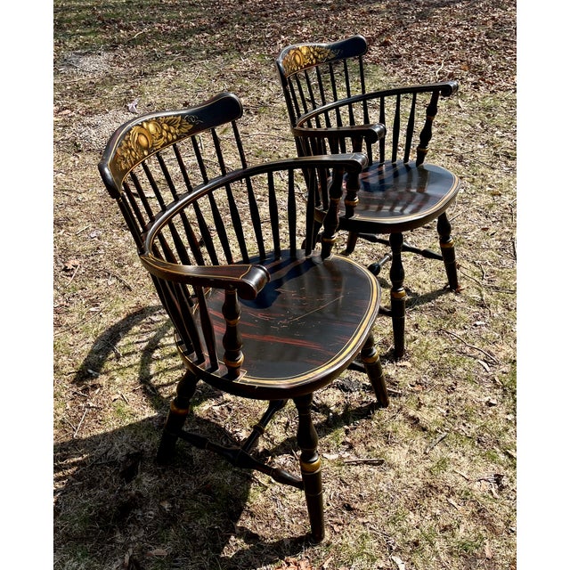 Black Pair Stenciled Arm Chairs Windsor Comb Backs Attrib.Nichols & Stone Harvest Farmhouse For Sale - Image 8 of 8
