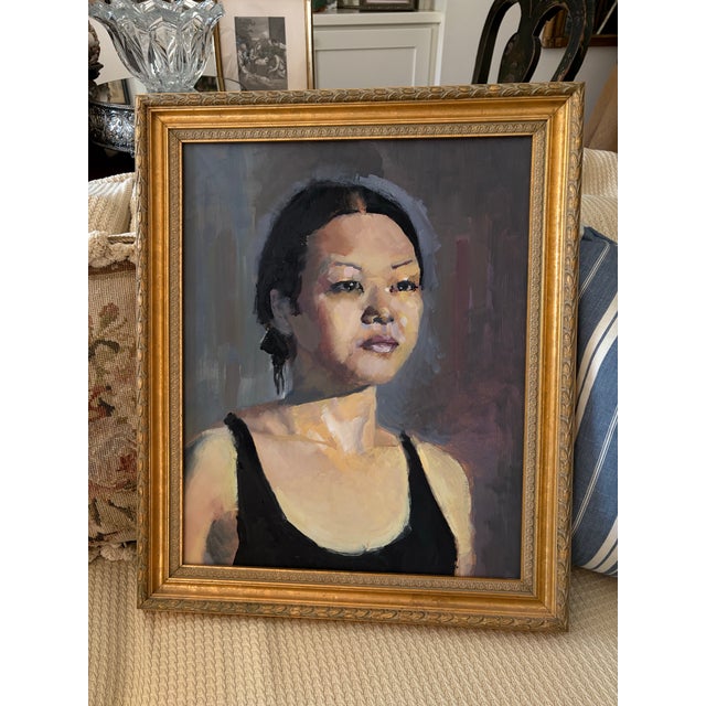 Mid‑Century Oil Portrait of Asian Woman in Beautiful Gold Frame - Portraiture - Gallery Wall - See Images! For Sale - Image 4 of 8