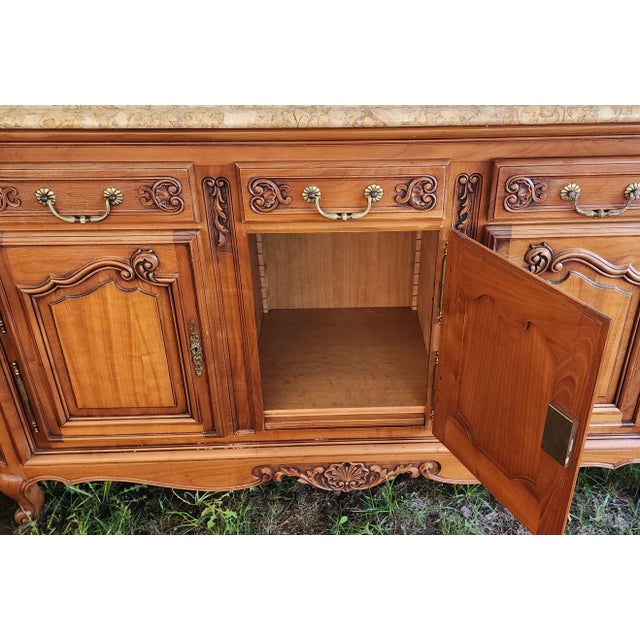 Palatial Solid Cherry Country French Provincial Marble Top Dining Room Sideboard Buffet C1960s For Sale In New York - Image 6 of 12