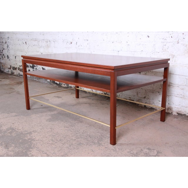 Mid-Century Modern Edward Wormley for Dunbar Two-Tier Walnut and Brass Cocktail Table, Newly Refinished For Sale - Image 3 of 13