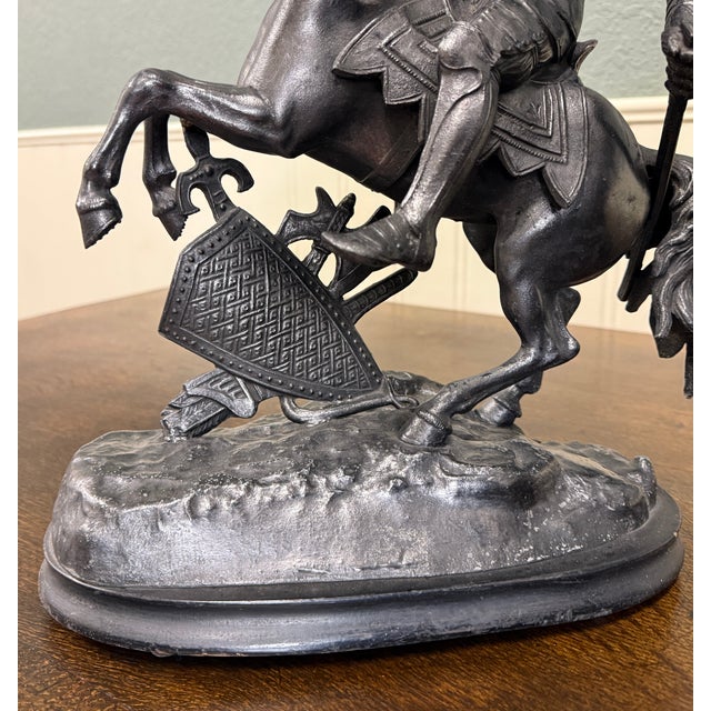 Antique French Pair of Patinated Spelter Sculptures Knights on Horseback For Sale - Image 12 of 16