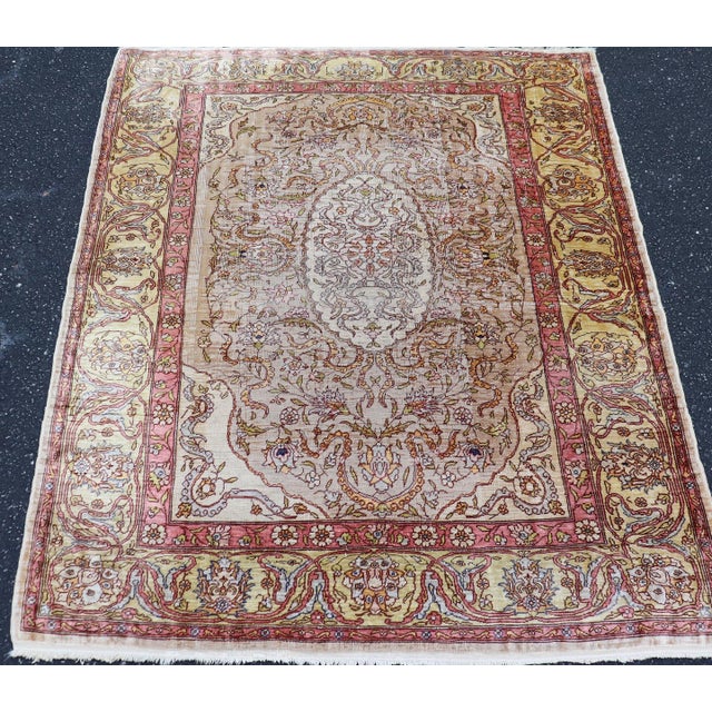 Textile Antique Turkish Silk Hereke Rug With Floral Medallion Design and Ivory Field For Sale - Image 7 of 14