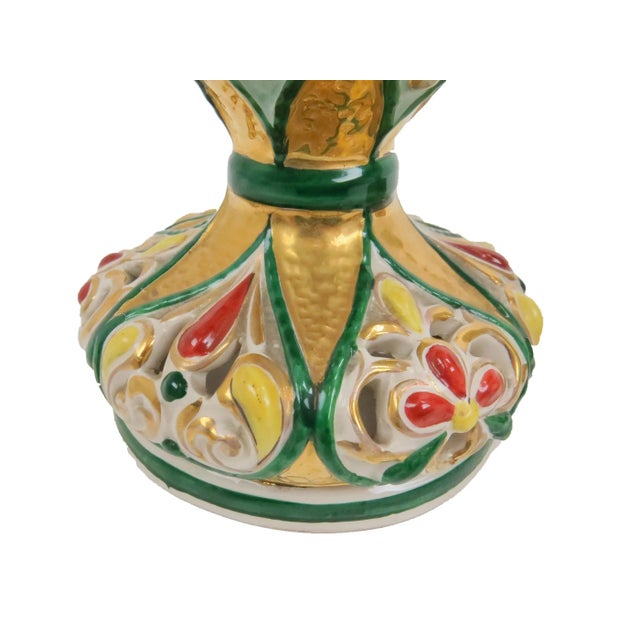Antique Italian Polychrome and Gilt Embossed Reticulated Majolica Jewel Urns - a Pair For Sale - Image 10 of 13