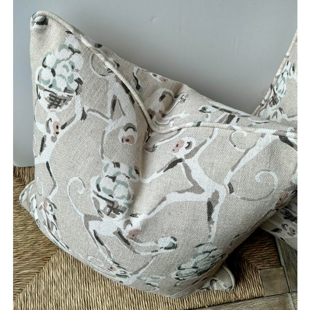 Beige Taupe and Cream Linen Monkey Pillows Pair For Sale - Image 4 of 5