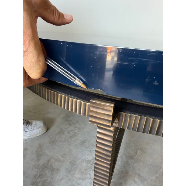 Metal Modern Donghia Sculptural Bronze Base & Ribbed Blue Lucite Coffee Table For Sale - Image 7 of 12