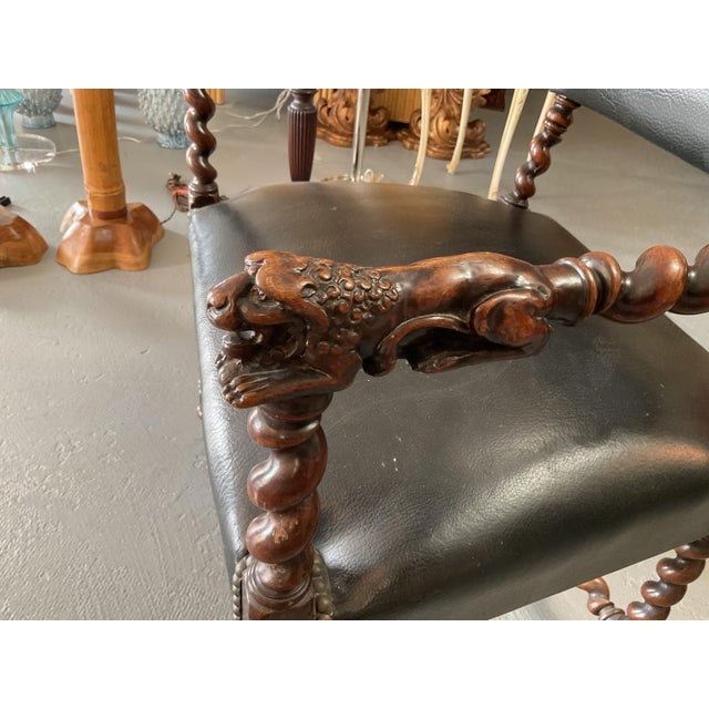 French Country Antique Barley Twist Carved Lion Arm Chair For Sale - Image 3 of 9