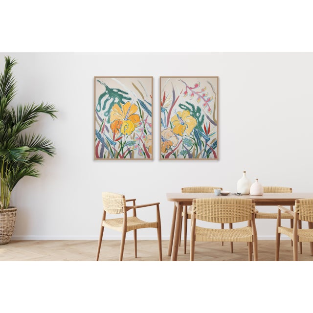 2026, Illustration Style Diptych of Tropical Hibiscus Garden, Botanical Painting on Paper by Romina Milano For Sale In Miami - Image 6 of 10