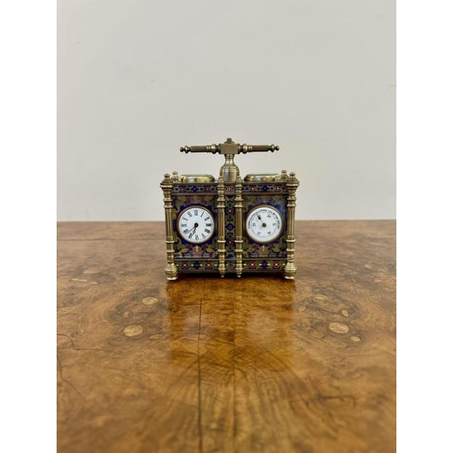 Edwardian Brass and Enamel Carriage Clock and Barometer, 1900s For Sale - Image 9 of 9