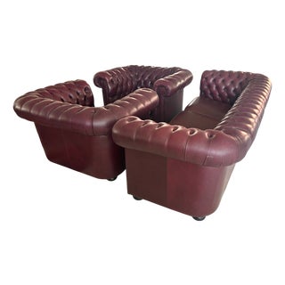 Chesterfield Sofas in Purple Leather, 1980, Set of 3 For Sale